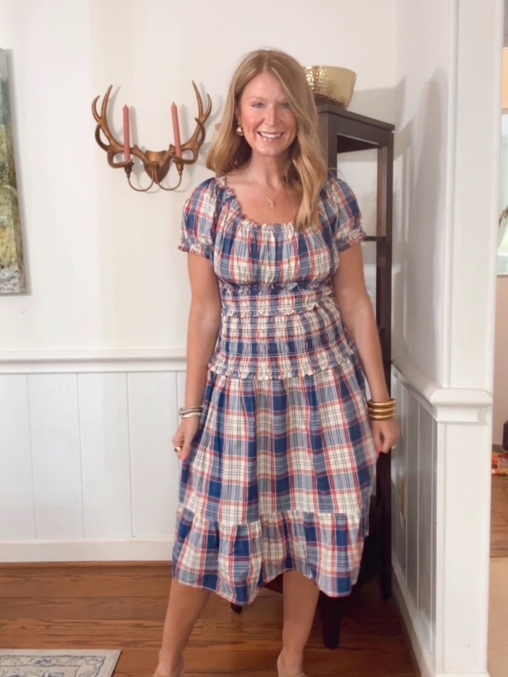 Time and Tru Navy, Red and Cream Plaid Smocked Midi Dress